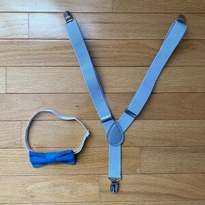 Grey suspenders and blue bow tie